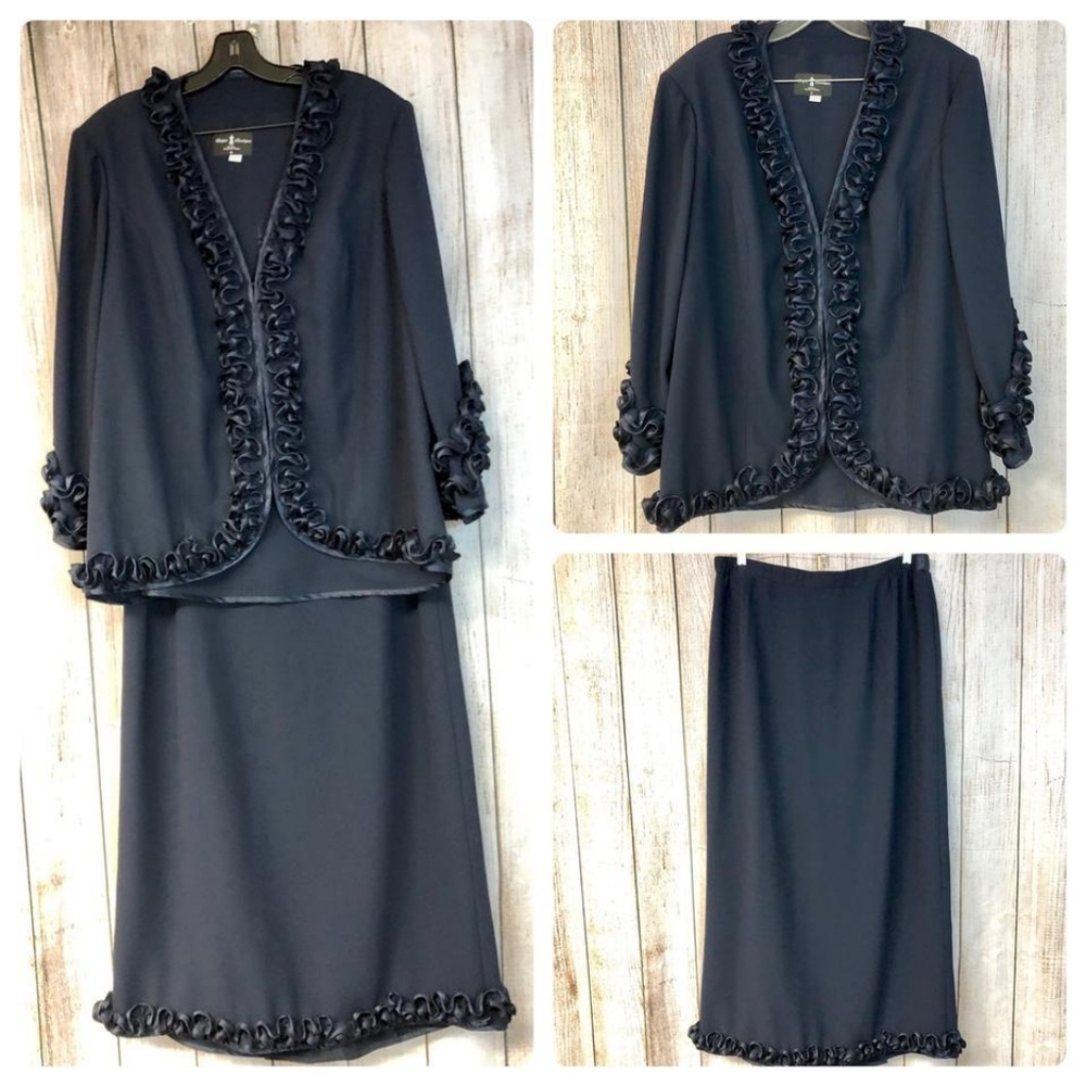 UNIQUE BOUTIQUE SOUTACHE TRIM NAVY SKIRT SUIT 2X